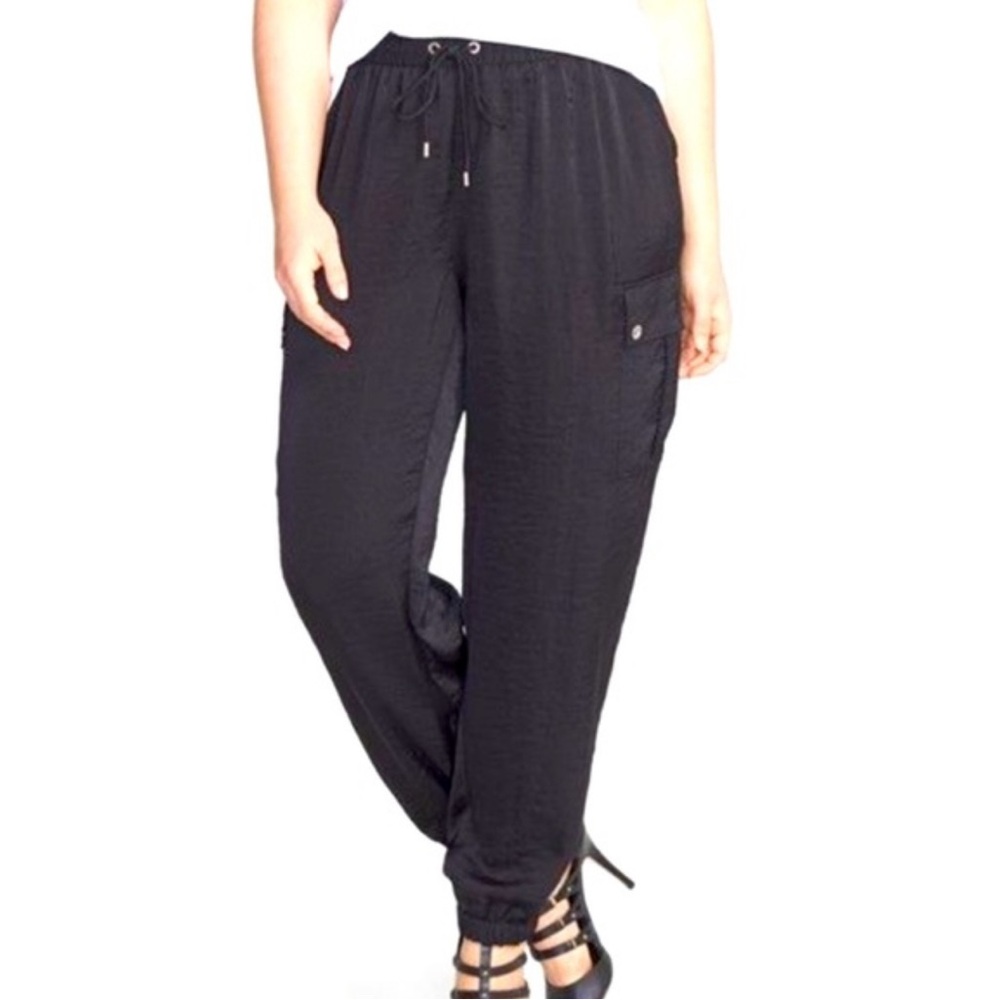 Michael Kors Size 16 Black Satin Cargo Pull On Drawstring Jogger Pants